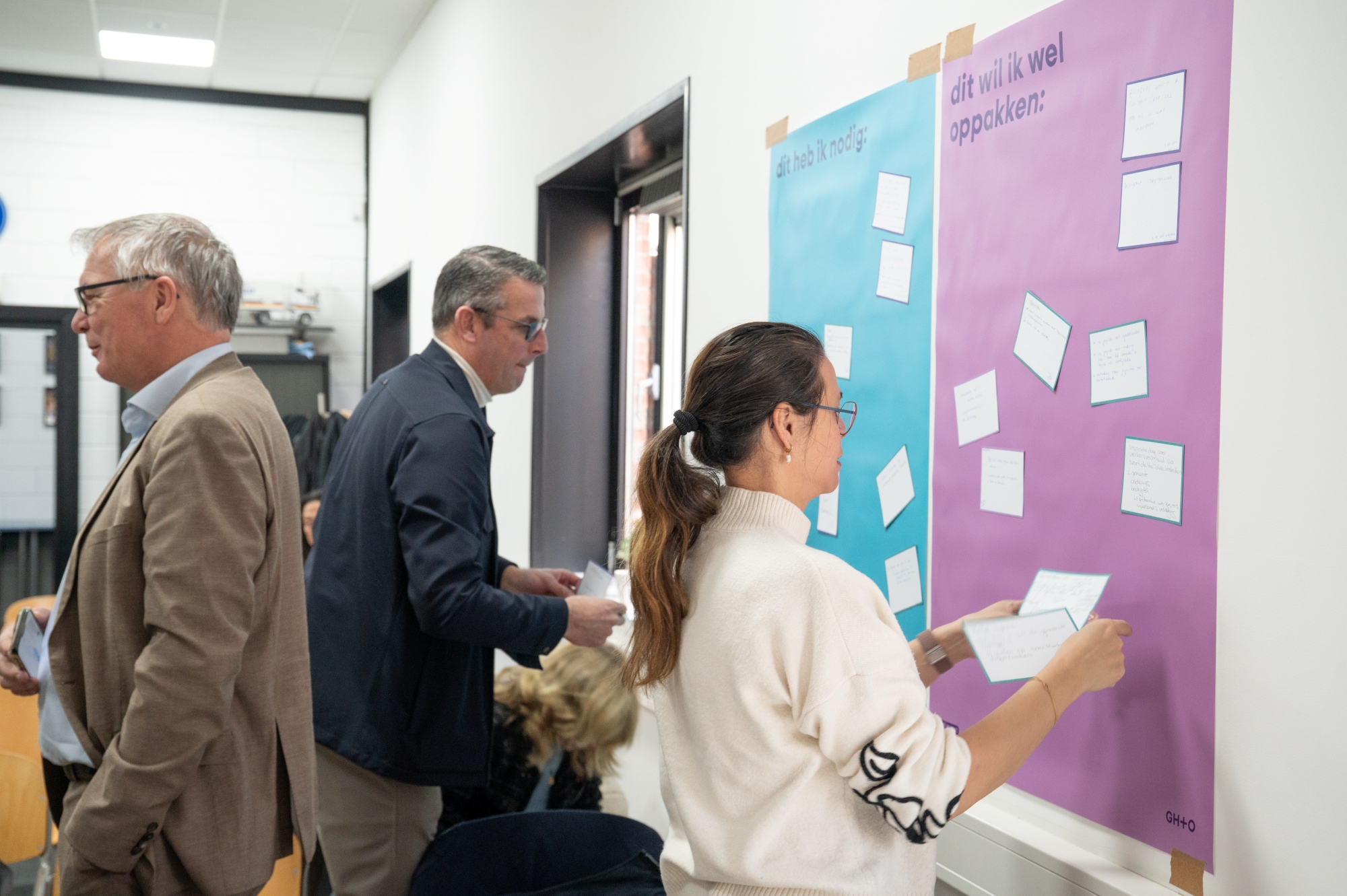 Deelnemers plakken kaartjes met hun reacties op posters